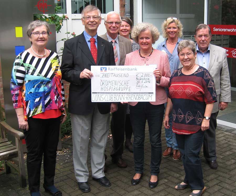 Anlässlich eines Festes zum gemeinsam 131. Geburtstag hat ein Ehepaar im Lions Club Bonn-Rhenobacum statt persönlicher Geschenke
                    Spenden für die Ökumenische Hospizgruppe Rheinbach Meckenheim Swisttal e.V. erbeten